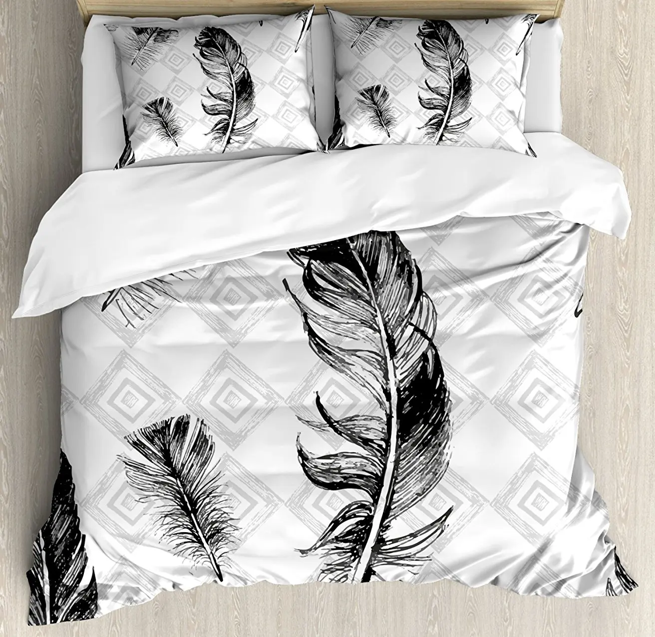 Feather Duvet Cover Set Faded Geometric Backdrop Nested Squares