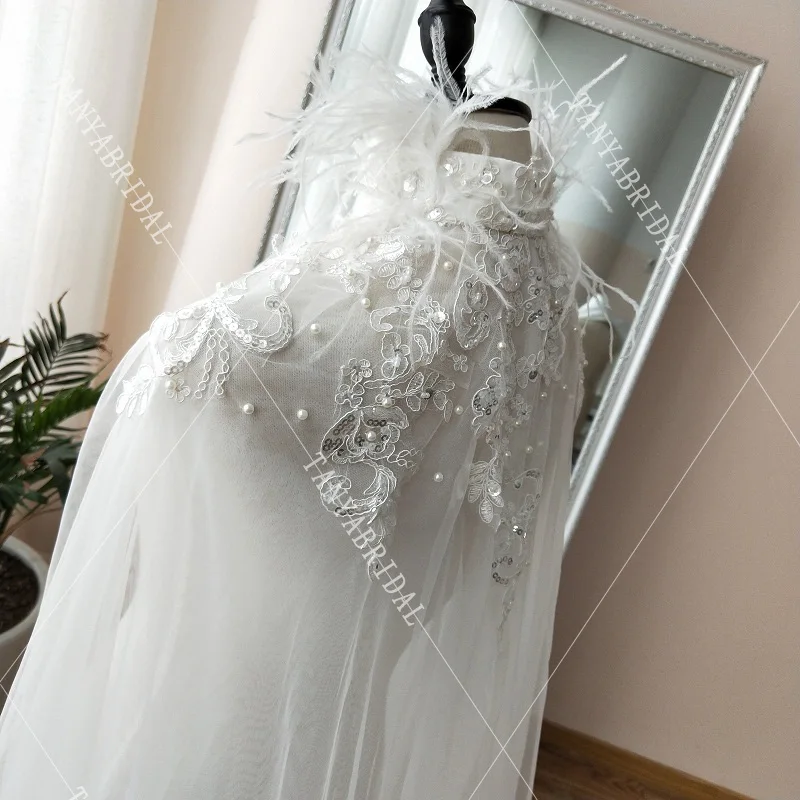 Роскошная Свадебная накидка цвета шампанского, кружевная элегантная Свадебная шаль из бисера и перьев длиной 2 м, Тюлевая Свадебная накидка на заказ DJ008