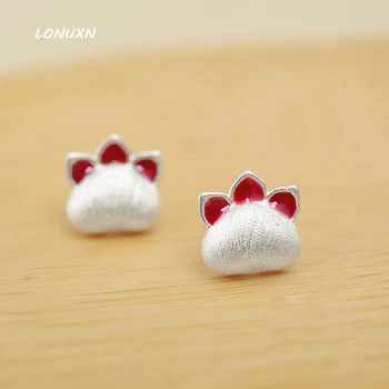 

8mm High quality lovely Korean female Girls Fashion gift simple Cute Kitten 3D red Cat's Paw 1pair 925 Sterling Silver Earrings