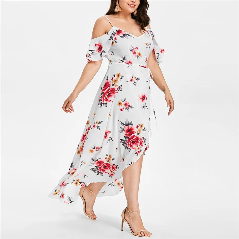  Plus Size Women Summer  Fashion  Casual Short Sleeve Cold Shoulder Boho Party Beach Flower Print Long Dress#4M11 (10)