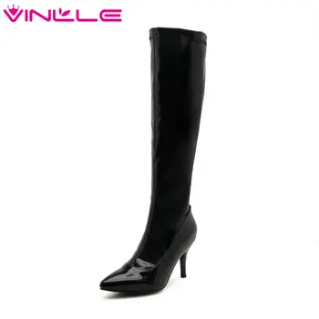 

VINLLE 2020 Women Knee High Boots Patent Leather Zipper Winter Shoes Platform Thin High Heel Elegant Ladies Boots Size 34-43