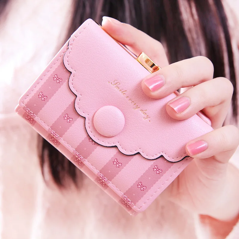 

YOUYOU MOUSE Korean Style Wallet Bow Striped Buttons Decorative Hasp Short Section Ladies Purse PU Leather Lovely Card Holder