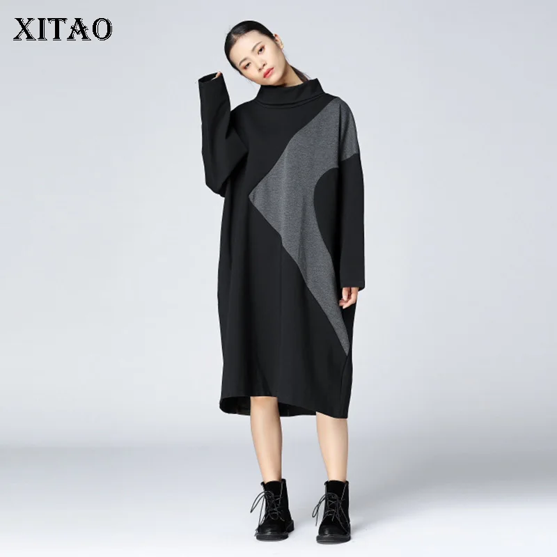 

[XITAO] Korea Fashion New Women Autumn Stand Collar Full Sleeve Loose Dress Female Solid Color Pocket Kmee-lemgth Dress ZLL1378