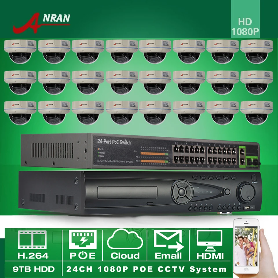 ANRAN 24CH HD NVR 24CH POE Switch Security CCTV System 9TB HDD Onvif 1080P HD 25fps 30IR Outdoor Vandalproof Dome POE IP Camera