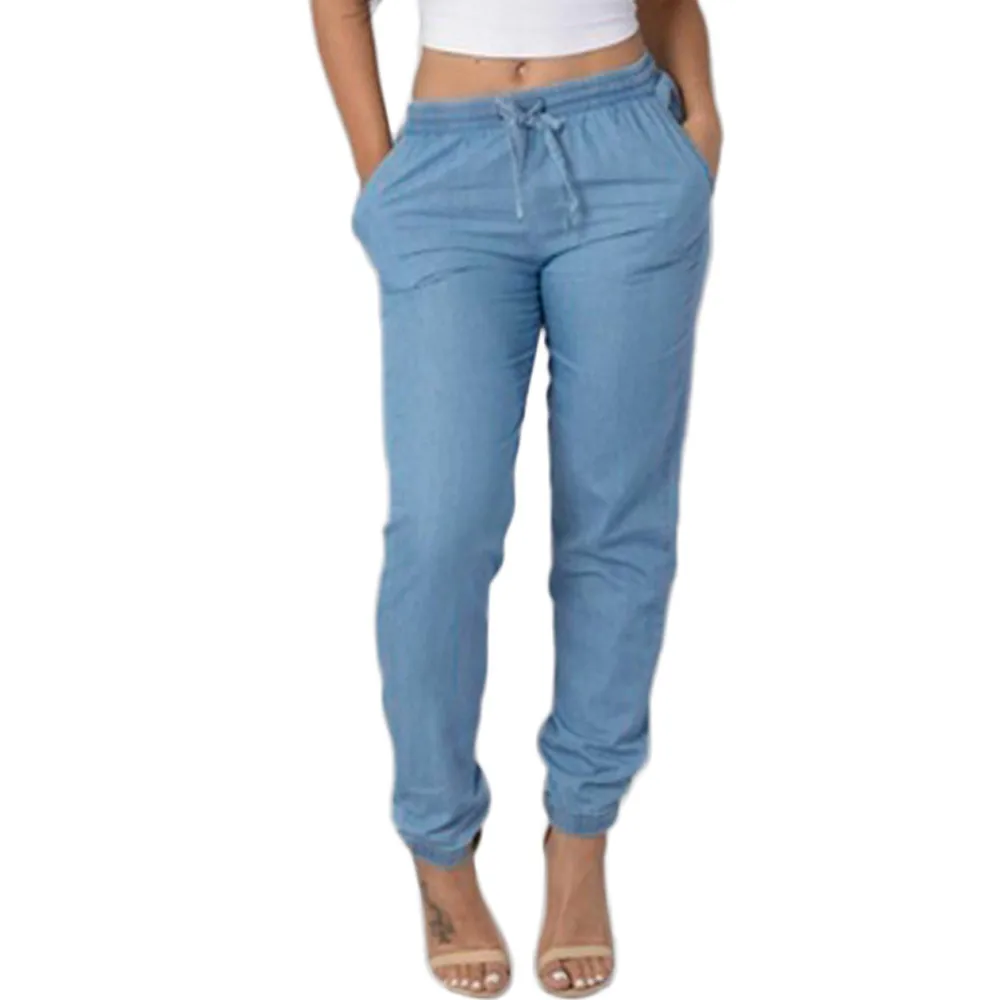 Новые модные популярные джинсы большого размера женские Стрейчевые удобные Полиэстеровые материал Повседневная Талия синие длинные джинсы Femme 40