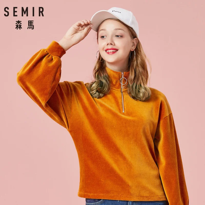 

SEMIR Women Corduroy Sweatshirt Lined with Zip Women's Stand-up Collar hoodies with Puff Sleeves Retro Style for Winter