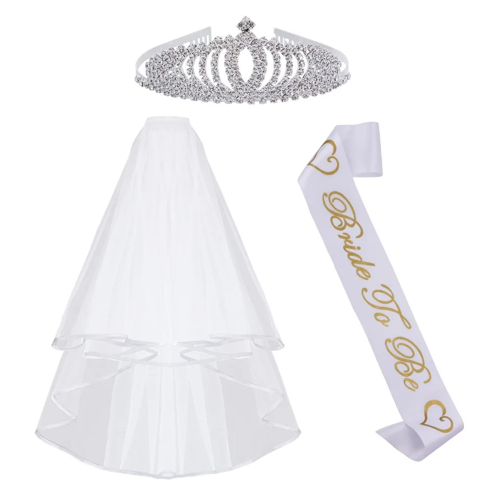 Bachelorette Party Supplies Bride To Be Decorations Kit-White Double Ribbon Edge Center Cascade Bridal Wedding Veil with Comb,Sash and Rhinestone Tiara Crown for Bridal Shower Favor,Hen Party Decor (5)