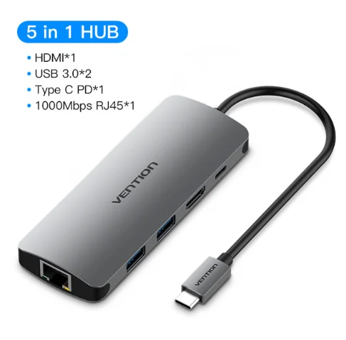 Vention USB-C концентратор type C концентратор USB 3,0 Thunderbolt 3 HDMI 3,5 мм аудио RJ45 адаптер для MacBook Pro samsung Galaxy S9 USB C концентратор - Цвет: 5 in 1 HUB