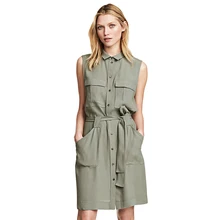 2017 Summer Solid Green Sleeveless Shirt Dress Women Office Ladies Elegant Lace-up Dress Basic Casual Pockets Mini Dress