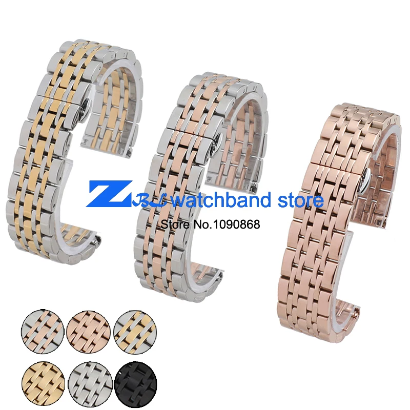 Solid Stainless Steel Watchband butterfly clasp Metal Wristwatches Band rose gold silver watch belt 14mm 20mm