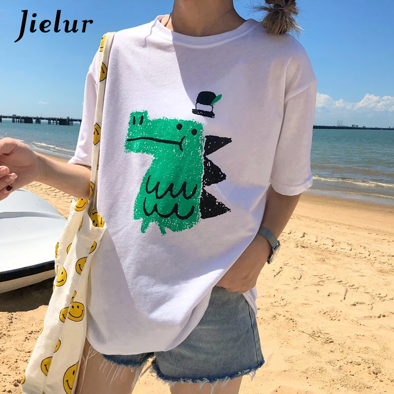 Jielur милый мультфильм Динозавр печатные футболки для женщин 2019 белая футболка