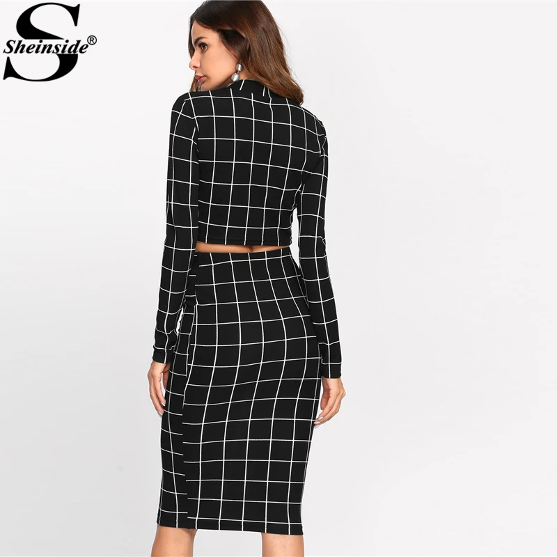 Sheinside الوقوف طوق طويلة الأكمام 2 قطعة مجموعة النساء المحاصيل شبكة أعلى و تنّورة مجسّمة السيدات أنيقة مكتب السيدات اثنين من قطعة مجموعة