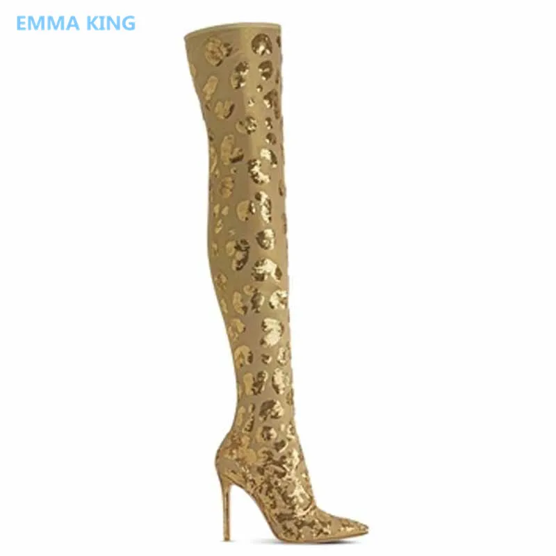 Thigh High Boots Gold Mixed Color Pointed Toe Slip On Stretch Socks