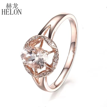 

HELON Solid 10K Rose Gold 7x5mm Oval Cut Morganite Pave Natural Diamonds Gemstone Jewelry Wedding Ring Women's Jewelry Ring