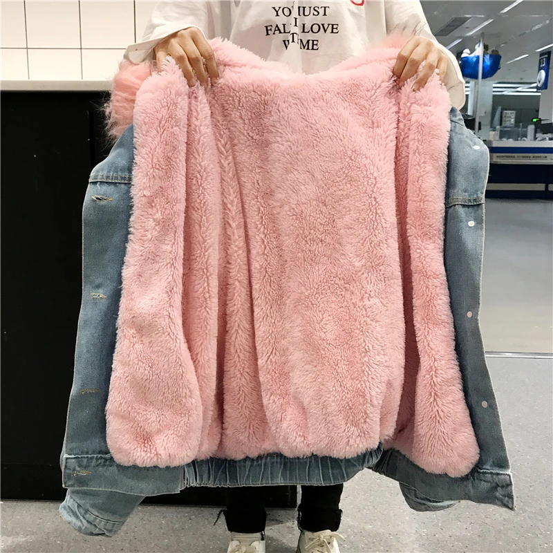 souris Denim Fausse Laine Vestes Chaud D'hiver Collar Collar Surdimensionné white Gray Fourrure Junelove Veste Chauve Manteau Grande Hoodies Jaqueta Femmes Fur Collar Jeans pink Manches Doublure vqEwA7z