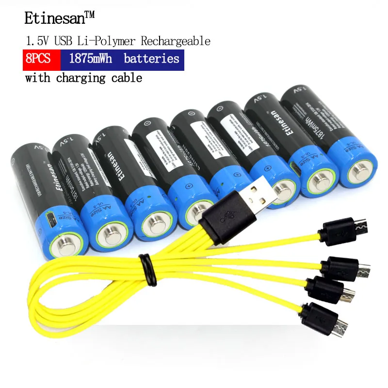 Литий полимерная аккумуляторная батарея Etinesan 8 шт. 1 5 В AA 1875mWh литий ионная USB + Micro