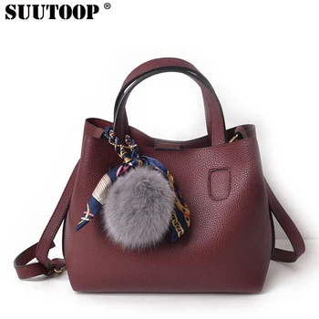 

Fashion litchi pattern pu leather women handbag two pieces shoulder bag with fur ball women messenger bags shouder bag