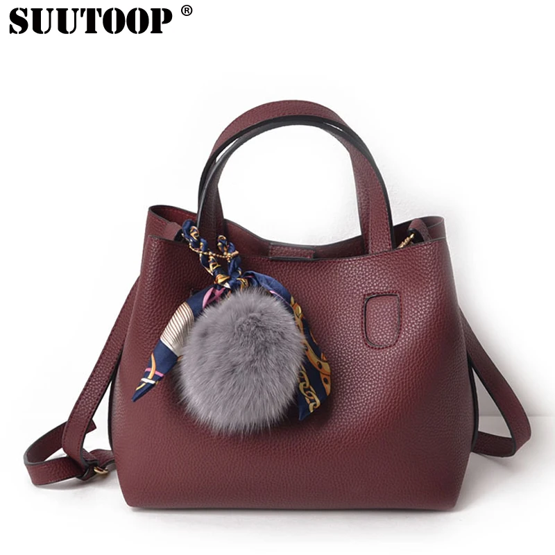 

suutoop litchi pattern pu leather women handbag two pieces shoulder bag with fur ball women messenger bags shouder bag