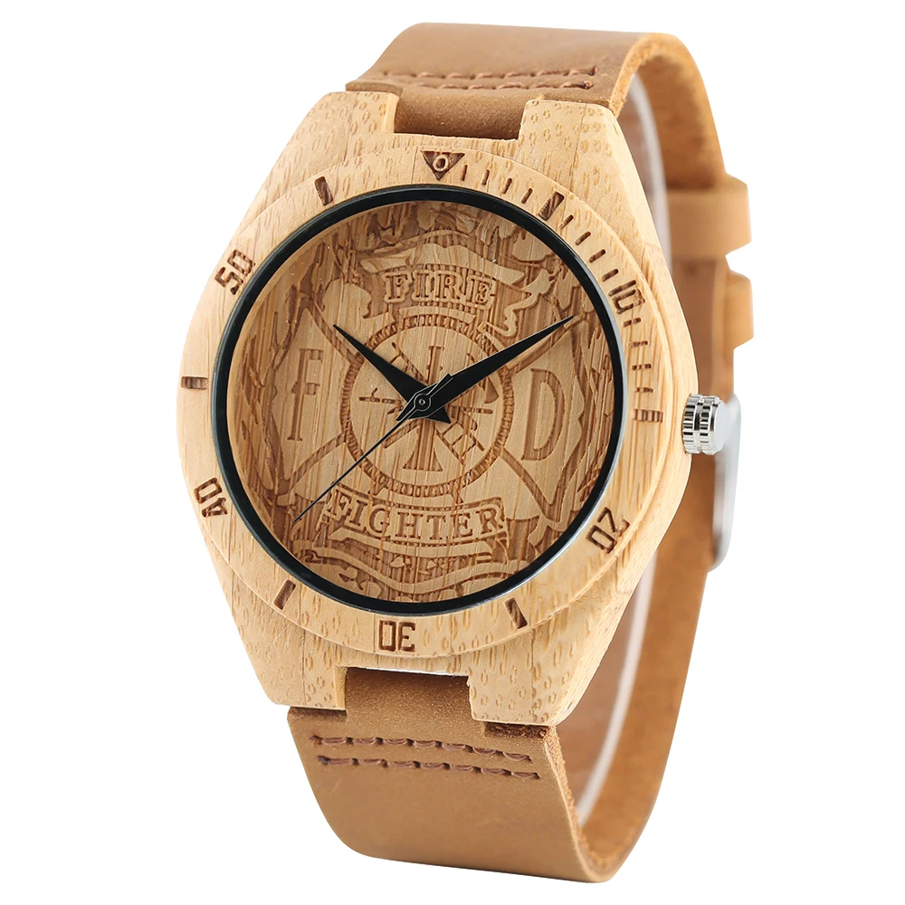 YISUYA Fire Fighter Pattern Dial Bamboo Wooden Wrist Watch Men Sport Handmade from Nature Wood Quartz Creaitve Watches Gift Bag (2)
