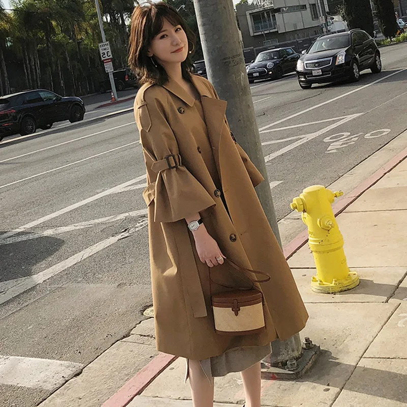 

Khaki Trench Coat Women New Spring Trumpet Sleeve Long Knee-high Loose Adjust Waist Coat Double-breasted Trench Coat