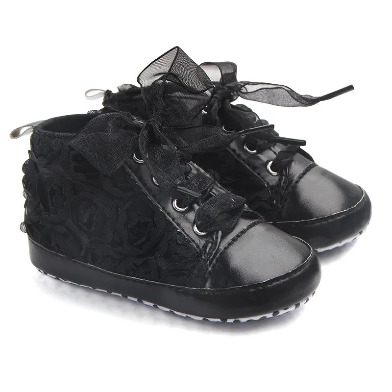 Детская обувь для девочек, кружевная мягкая кожаная подошва из искусственной кожи, Нескользящие модные ботинки для малыша - Цвет: Черный