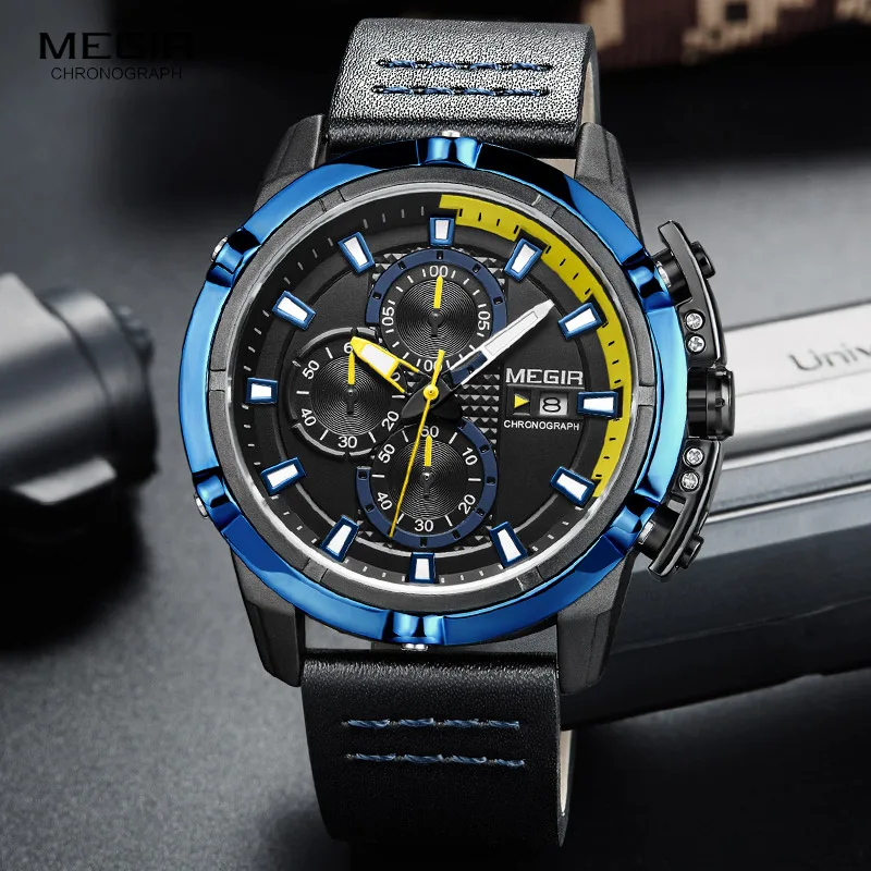 Megir Мужские Аналоговые кварцевые часы с хронографом, светящиеся стрелки, 3 АТМ, водонепроницаемые наручные часы для мужчин, спортивные часы для мальчиков, 2062 г