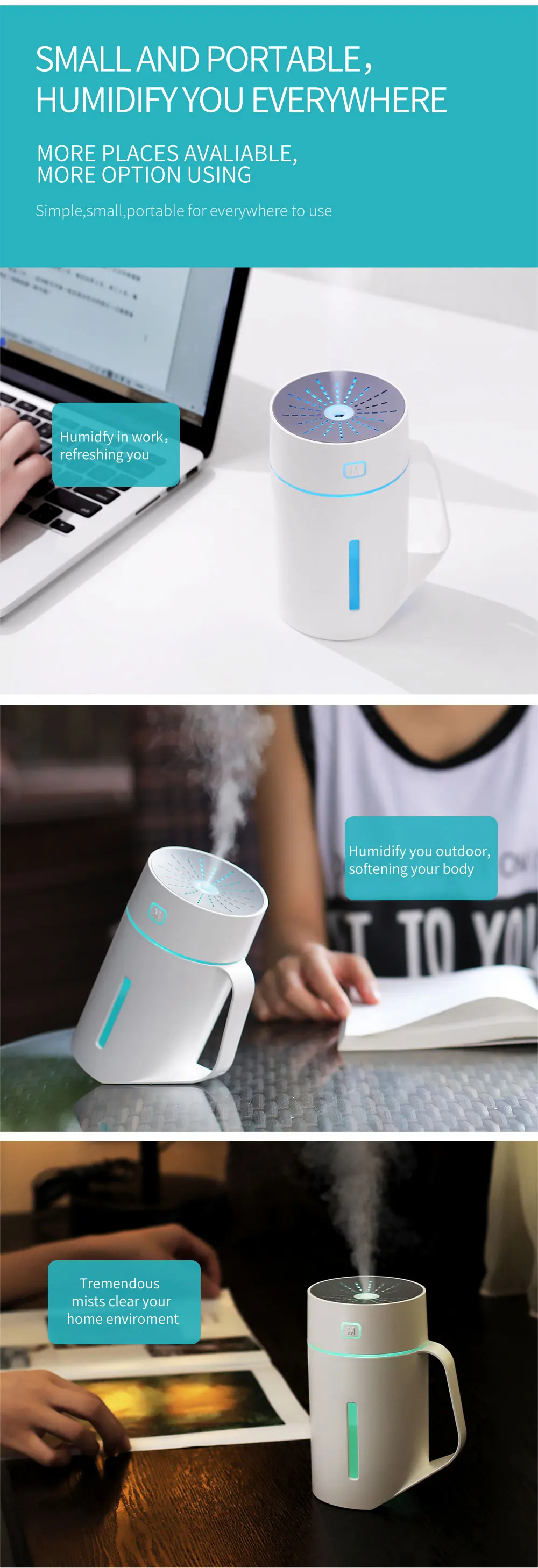 420ML USB Humidifier Portable Mini Cup Shape Humidificador Aroma Oil Diffuser with Seven Color Night Lamp for Home Office Car (5)