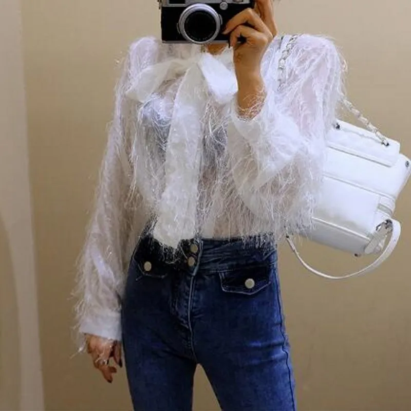 2019 Fashion Long Sleeve Tassels Feather white Blouses Women Sweet