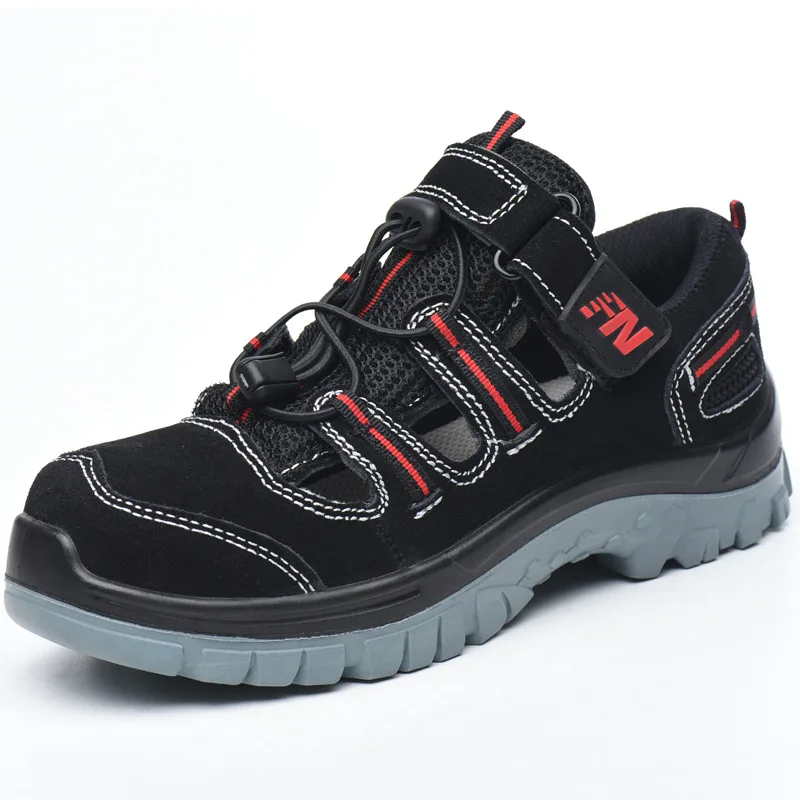 

men's big size breathable steel toe caps working safety shoes summer cow suede leather worker sandals platform security boots
