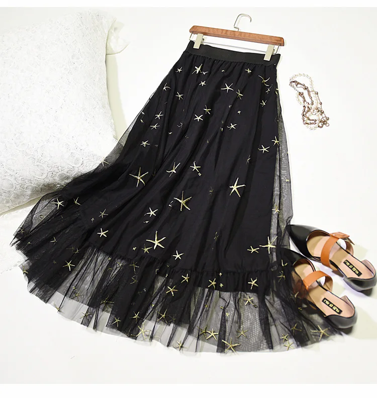 

2019 Stars Embroidery High Waist Women Summer Mesh Long Skirts Saia Good Quality Women Black Maxi Skirt Faldas Jupe Femme
