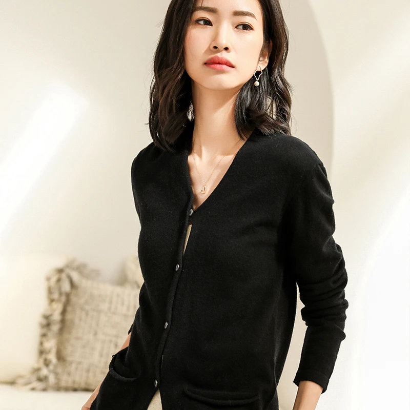 LHZSYY New Cashmere Cardigan Women' V-neck Solid color Sweater Spring And Autumn Short Pocket Wool Knit Jacket Wild Female Shirt