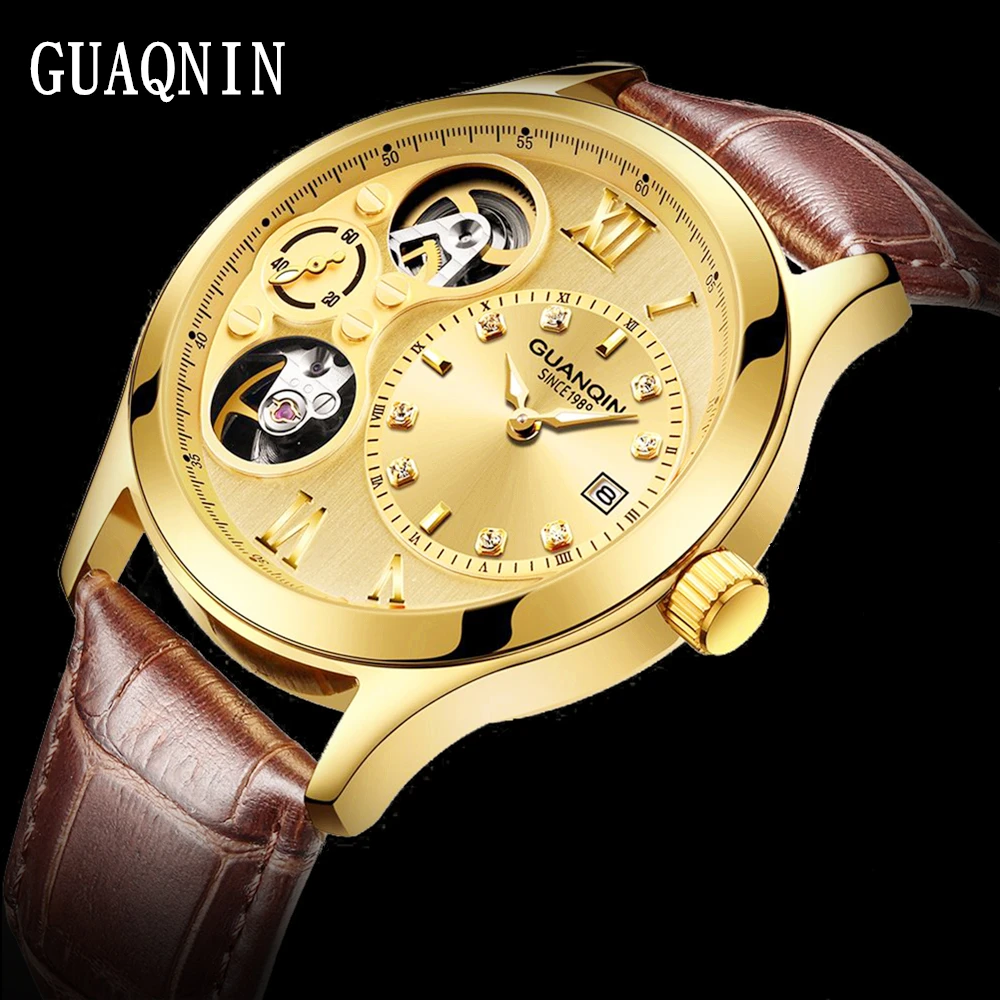 

GUANQIN Mechanical Top Brand Luxury Watch Clock Men Automatic Waterproof Gold Watch Keleton Double Movement Erkek Kol Saati