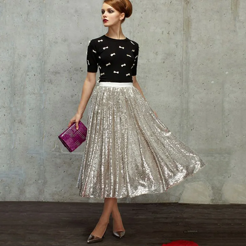 

Fashion Glitter Sequins Skirt for Lady Elastic Waist A Line Sequined Mid-Calf Skirts Custom Made Vintage Shiny Adult Skirt