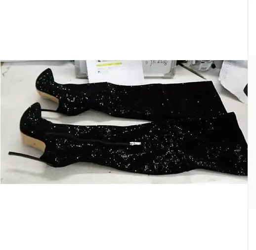 Gullick Women Black Crystal Over The Knee Boot Sexy Pointed Toe Metal Heels Tight High Boot Side Zipper Winter Long Boot Women's Shoes