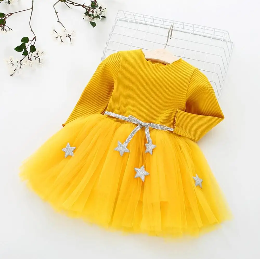 Christmas New Year dresses for baby girls clothing Knitted tutu dress Pentacle belt long sleeve party Vestidos clothes children - Цвет: Цвет: желтый