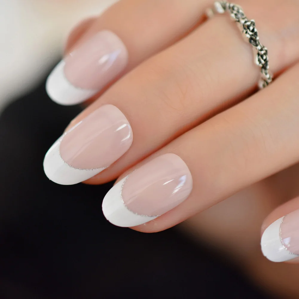 

Natural French Glitter Border Fake Nail Medium Oval Plastic Artificial Fingernails White Nude Press On Manicure 24PCS