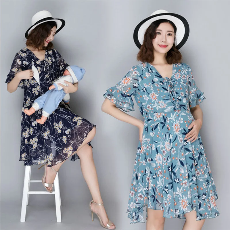 

Summer Fashion Maternity Dress V Neck Nursing dress Light Chiffon Clothes for Pregnant Women Pregnancy Party Dress