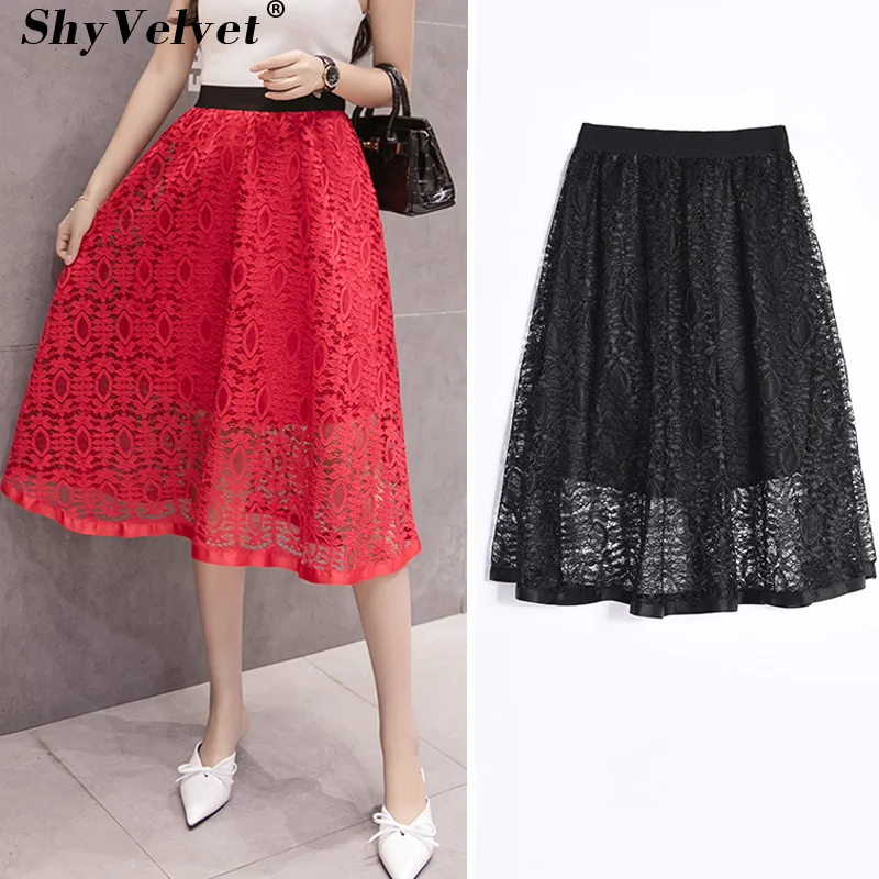 Elegant Hollow Out Lace Skirt Elastic Waist A Line Long Skirts Red Blue Black Plus Size XXL Umbrella | Женская одежда