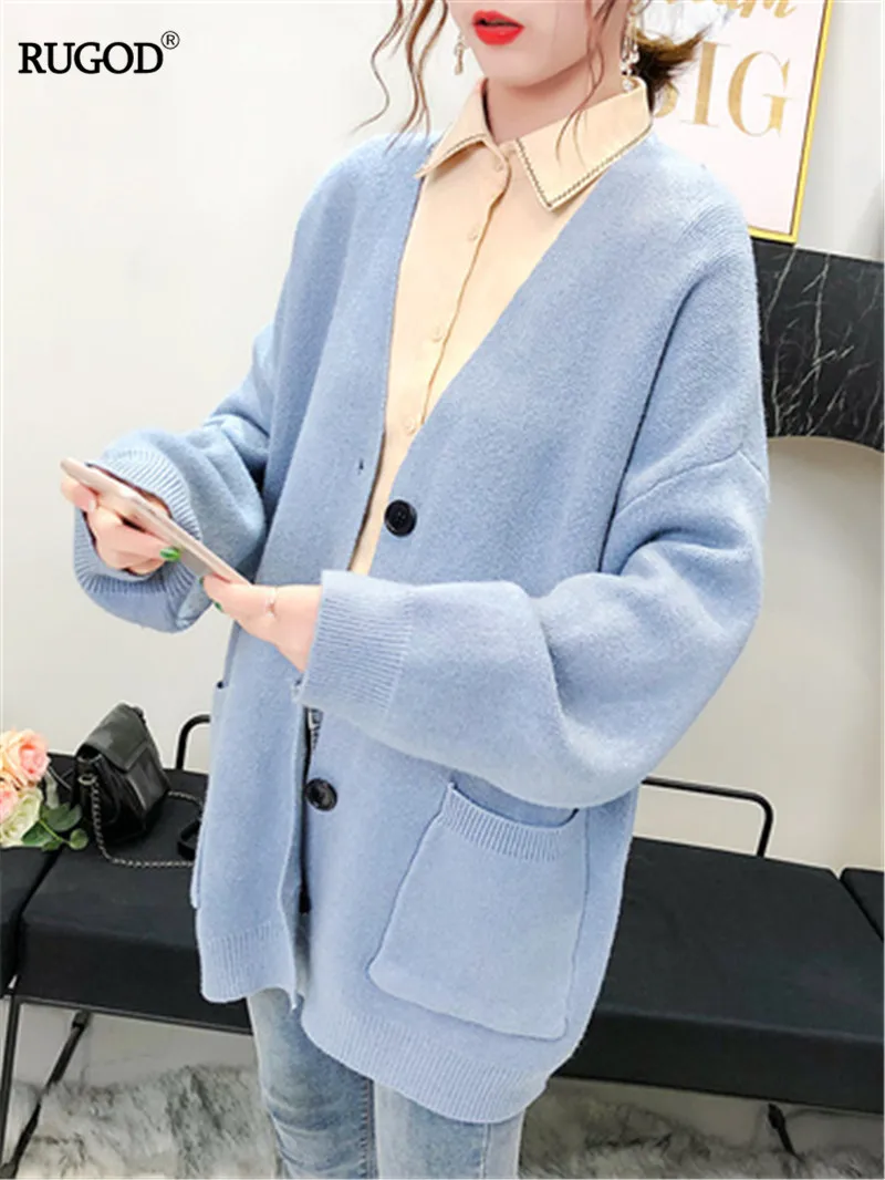 RUGOD Korean Style Women Cardigan Solid Single Breasted Pockrts Womens Cardigan Long Sleeve Sweet Gril Knitted Sweater - Цвет: Небесно-голубой