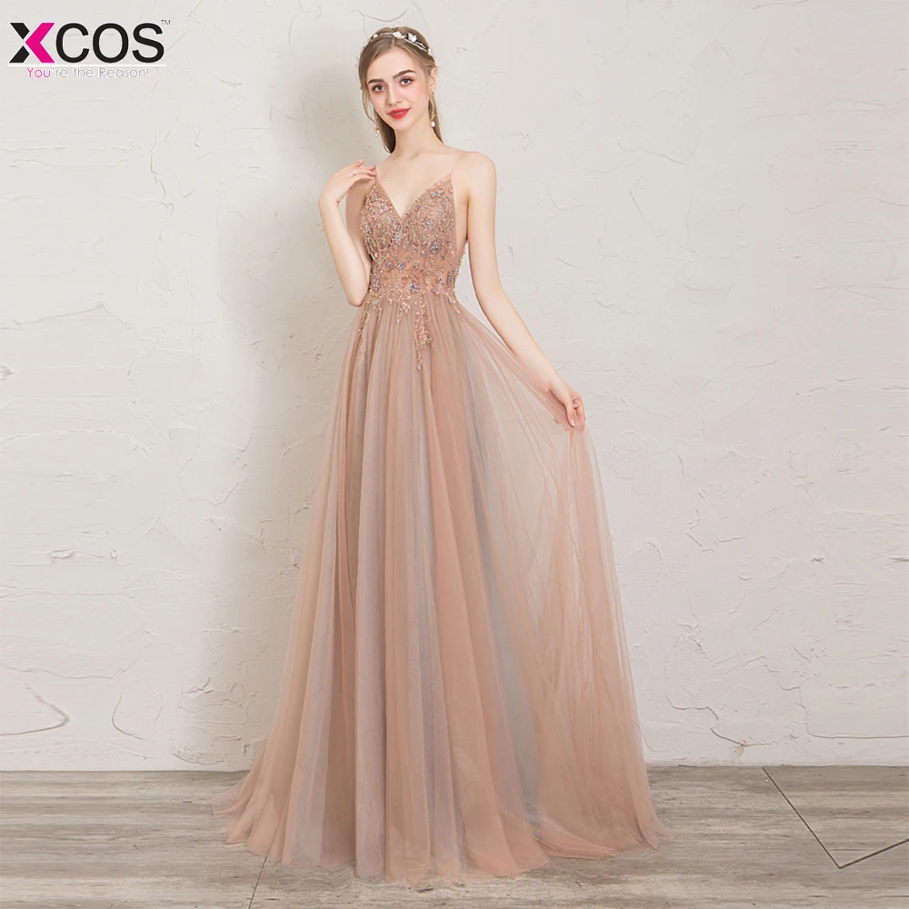

Sexy Dark Champagne Tulle V Neck Long Evening Dress Beaded Vestido De Festa High Slit up Cheap Formal Evening Gown 2019