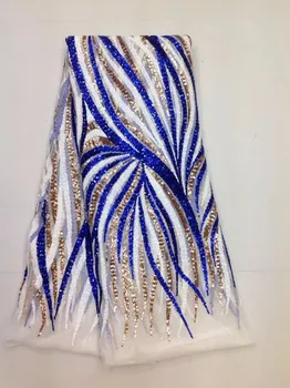 

African Lace Fabric With Royal Blue Gold Line Sequins 2019 Latest Fabric High Quality Velvet Tulle Sequins Lace Fabric Dress