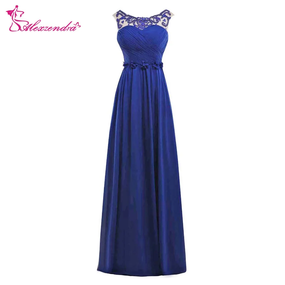 

Alexzendra Royal Blue Beaded A Line Prom Dresses Scoop Neck Chiffon Long Evening Gowns Party Dress
