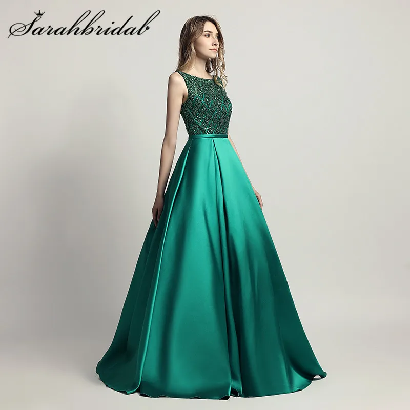 US $108.90 Stunning Beaded Woman Evening Party Ceremony Dresses Long Dubai O Neck Satin Floor Length A Line Formal Prom Gown Vestidos Cc443