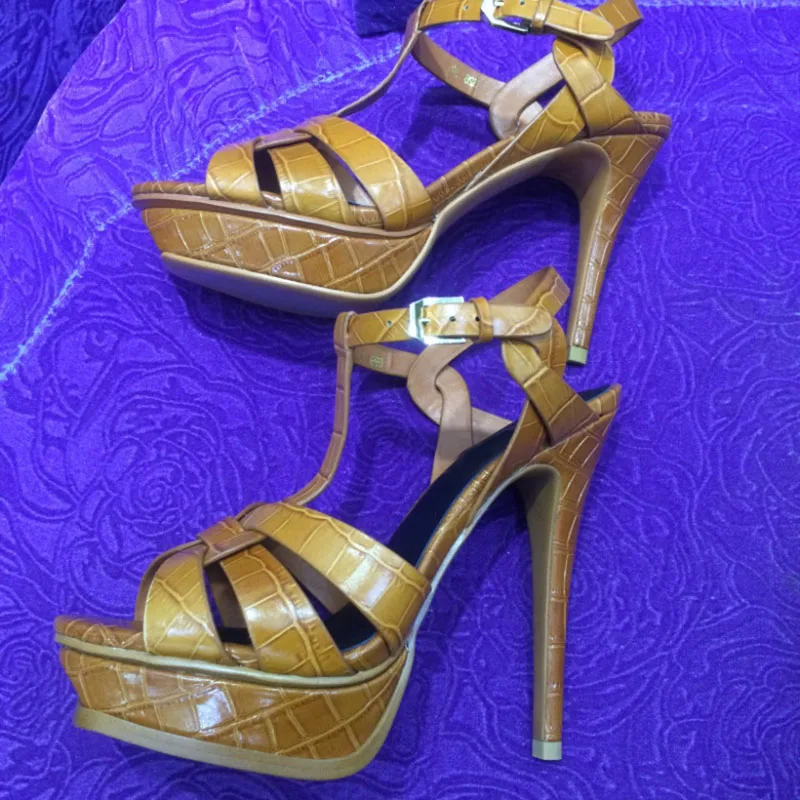 Coolcept/брендовые модные босоножки; женская обувь из натуральной кожи на платформе и высоком каблуке; летняя Клубная обувь для вечеринок; женская обувь; размеры 34-41 - Цвет: brown heel 14cm