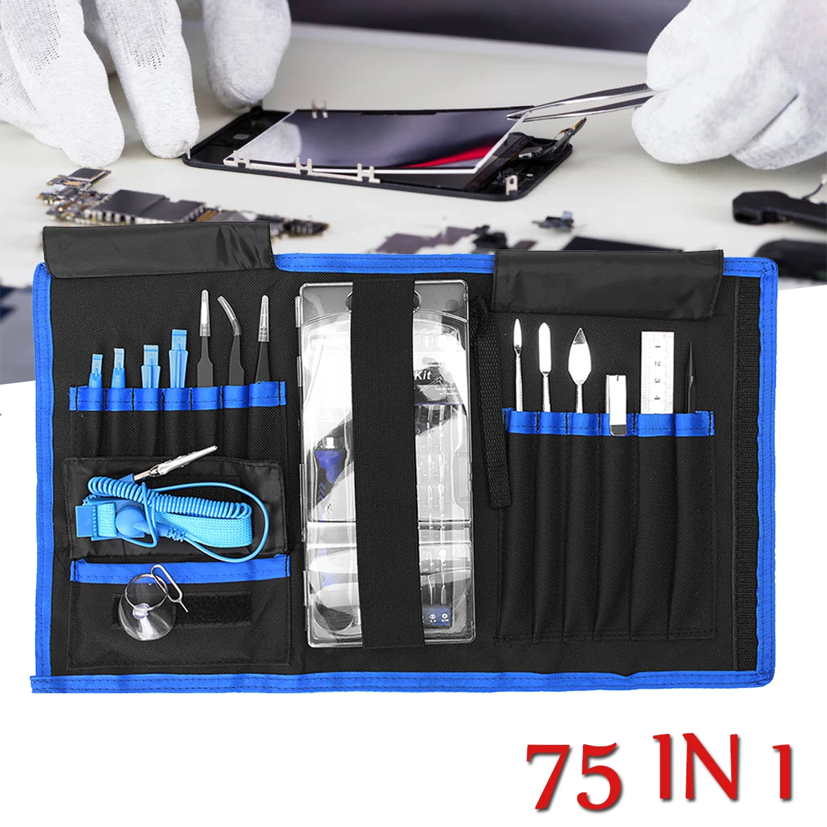 

Portable Hand Repair Tool 75 in 1 Screwdriver Socket Bit Set Kit + PC Phone Repair Opening Tool Kit Ruler Tongs Ergonomic Design