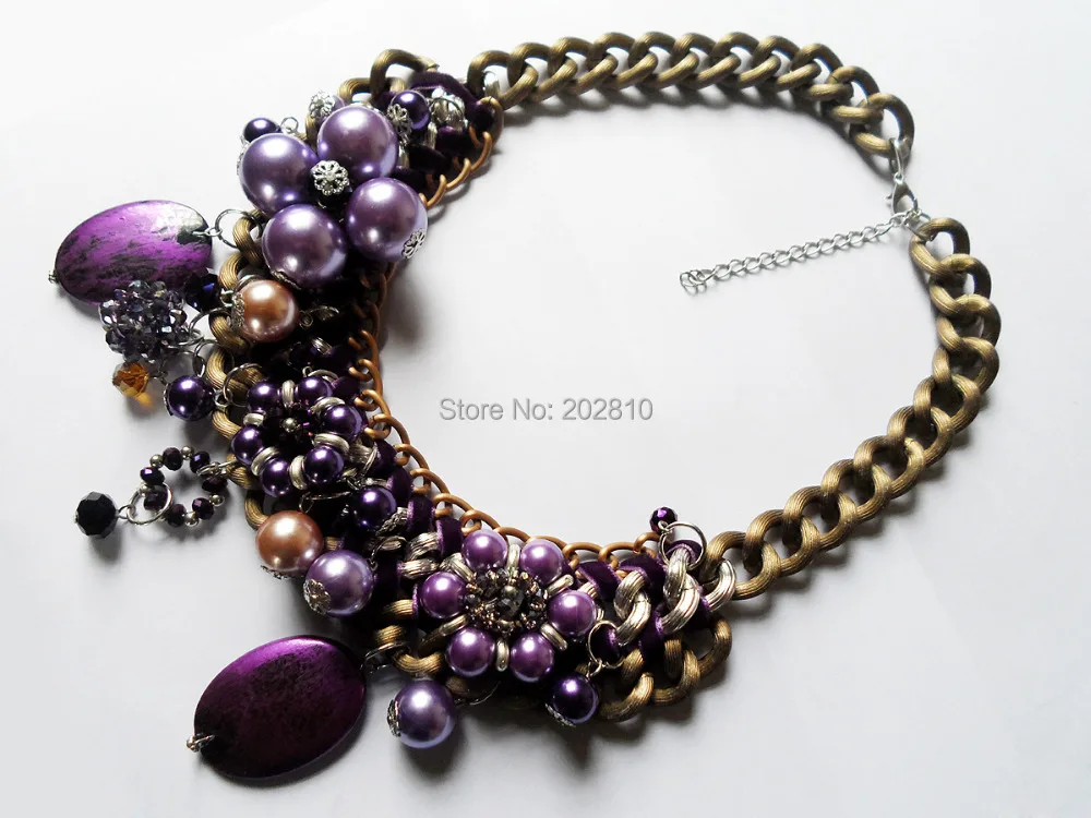 

2019 new type purple pearl crystal big chunky rope chokers clavicle necklaces,restoring ancient ways bronze plated necklace