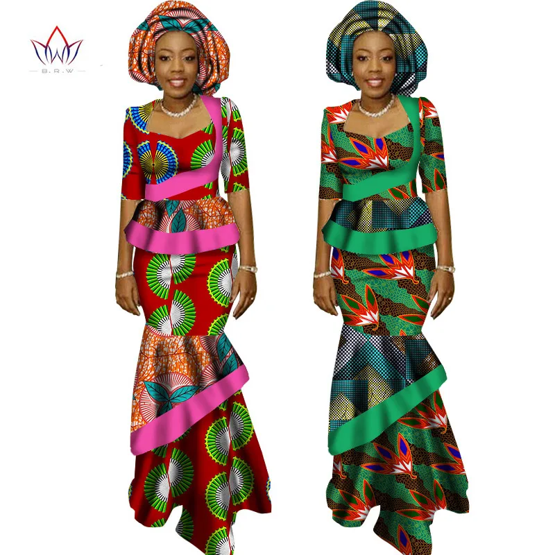 

BRW African Long Print Skirt Maxi Dress Suit Half Sleeve Crops Tops Splice Dress Bazin African Clothing for Women WY1417