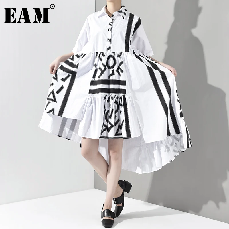 

[EAM] 2019 New Spring Summer Lapel Short Sleeve White Pattern Printed Loose Back Long Big Size Dress Women Blouse Fashion JU8890