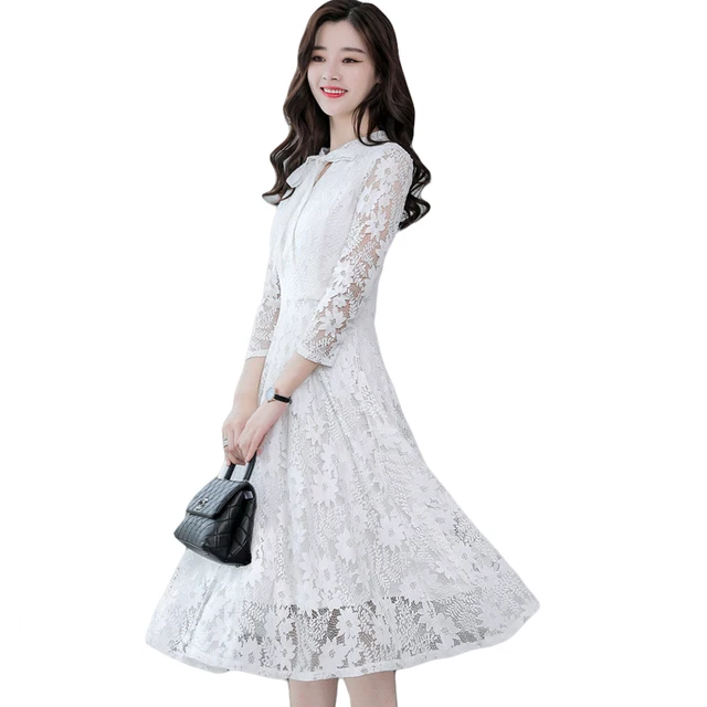 2018 Women Elegant White Lace Dress Female Korean Floral Crochet Casual ...