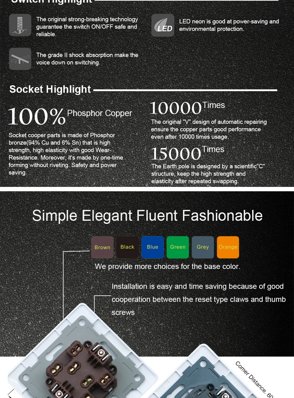 Vidro Cristal Wallpad, 1 Gangue com Tampa, Interruptor 2 Way, 110V-250V